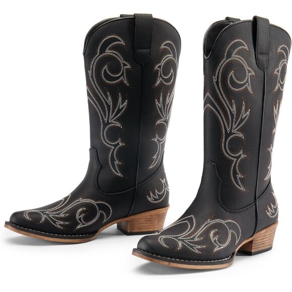 Dream Pairs Women's Black Mid Calf Cowgirl Boots Square Toe Chunky Heel Shoes - Picture 3 of 8